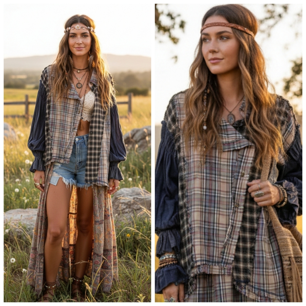 Oli & Hali Plaid Longline Top with Navy Sleeves